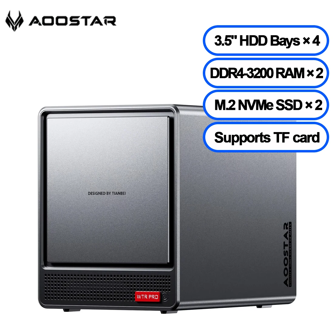 AOOSTAR WTR PRO Mini PC 4 Bahías NAS AMD Ryzen 7 5825U 16GB DDR4 - 500GB/32G/1TB SSD NVME 2.5/3,5" HDD Compatible con Servidor de Archivos Versátil