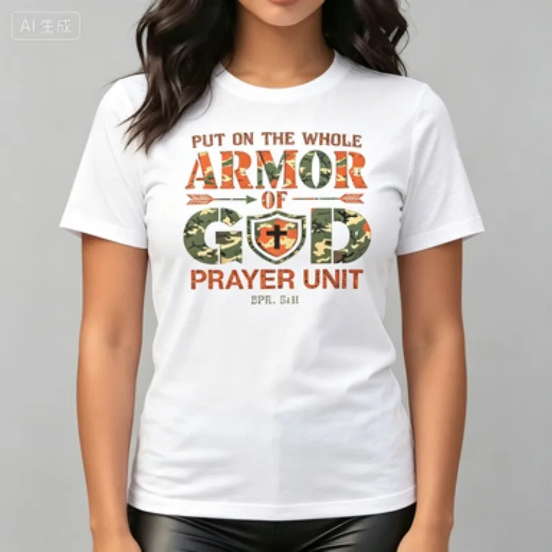 Female Standard Fit Crew Neck T-shirt Armor Of God Camouflage Letter Shield Cross Inspirational Religious Graphic Tee Casual Top