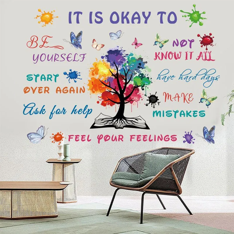 Colorful Inspirational Quotes Wall Stickers Wisdom Tree Children's Room Classroom Decoration Painting Self-adhesive Wall Sticker