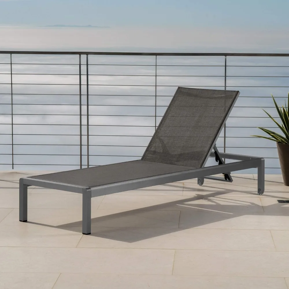 Cape Coral Outdoor Aluminum Chaise Lounge with Mesh Seat, Grey / Dark Grey