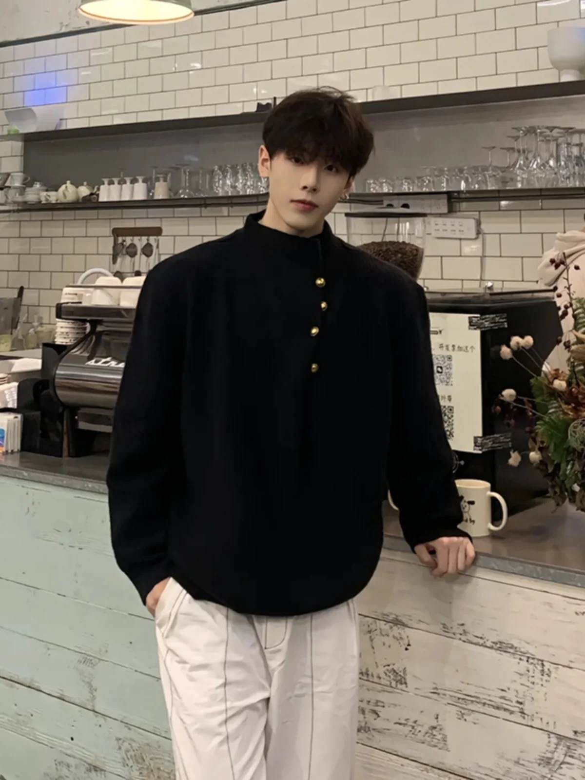 

Black Knitted Sweater Half High Collar Autumn Winter Men's Fashion Base Layer Casual Style Loose Fit Long Sleeve Warm Top