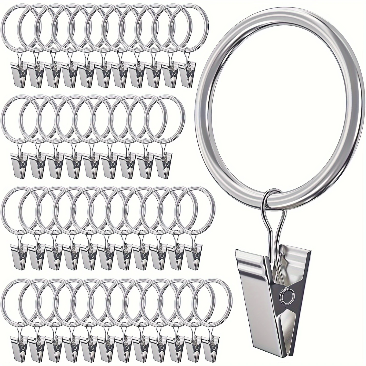 

Contemporary Style Stainless Steel Clip Rings with Metal Clips for Curtain Hanging, Set of 16pcs - Silver Anti-Rust Smooth Slidi