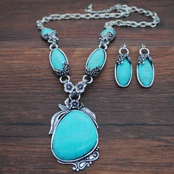 Bohemian Vintage Turquoise Jewelry Set for Women Geometric Large Pendant Fashion Dangle Earrings Mother's Day Gift