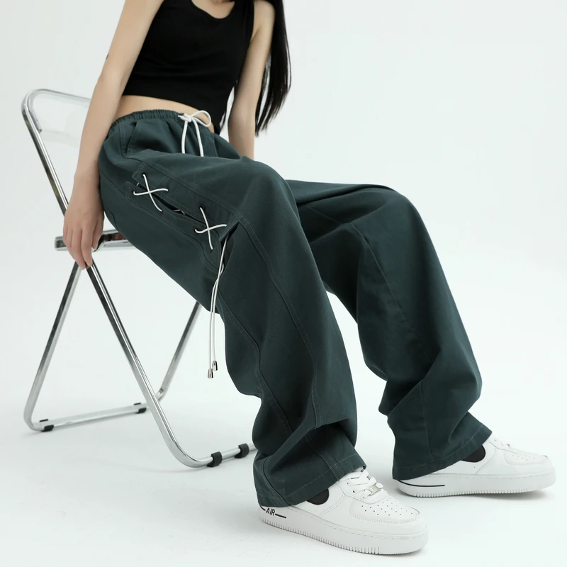 

American retro pants niche design sense American overalls women's wide-leg pants