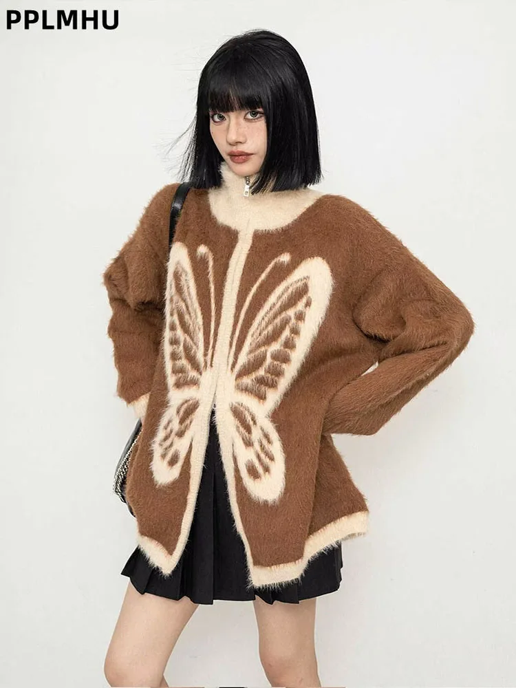 

Butterfly Print Loose Cardigan Top O-Neck Women Casual Fashion Knitted Sweater Soft Baggy Streetwear Zipper Gilet Sueter