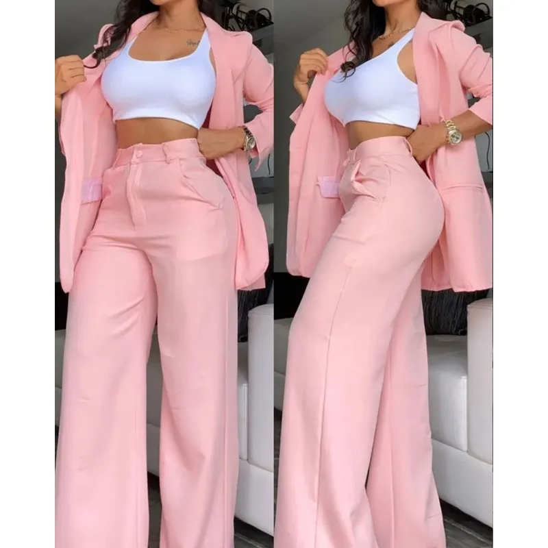 

Women's Long Sleeve Turn-down Collar Blazer Button High Waist Wide Leg Pants Suit 2023 Spring Autumn New Solid Loose 2 Piece Set