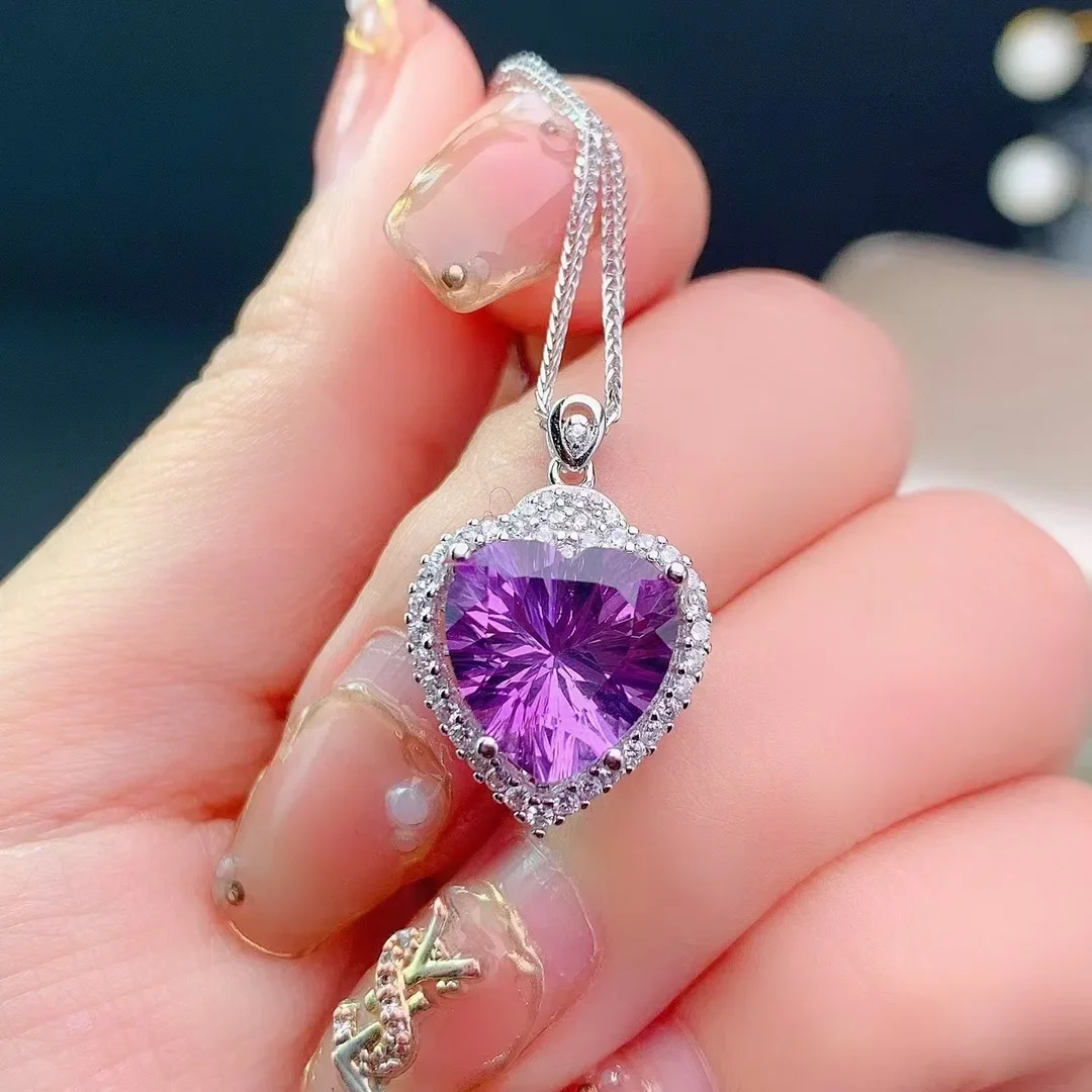 Natural Charoite Gemstone Pendants Necklaces for Women 925 Sterling Sliver Heart Romantic Wedding Gift Valentine's Jewelry