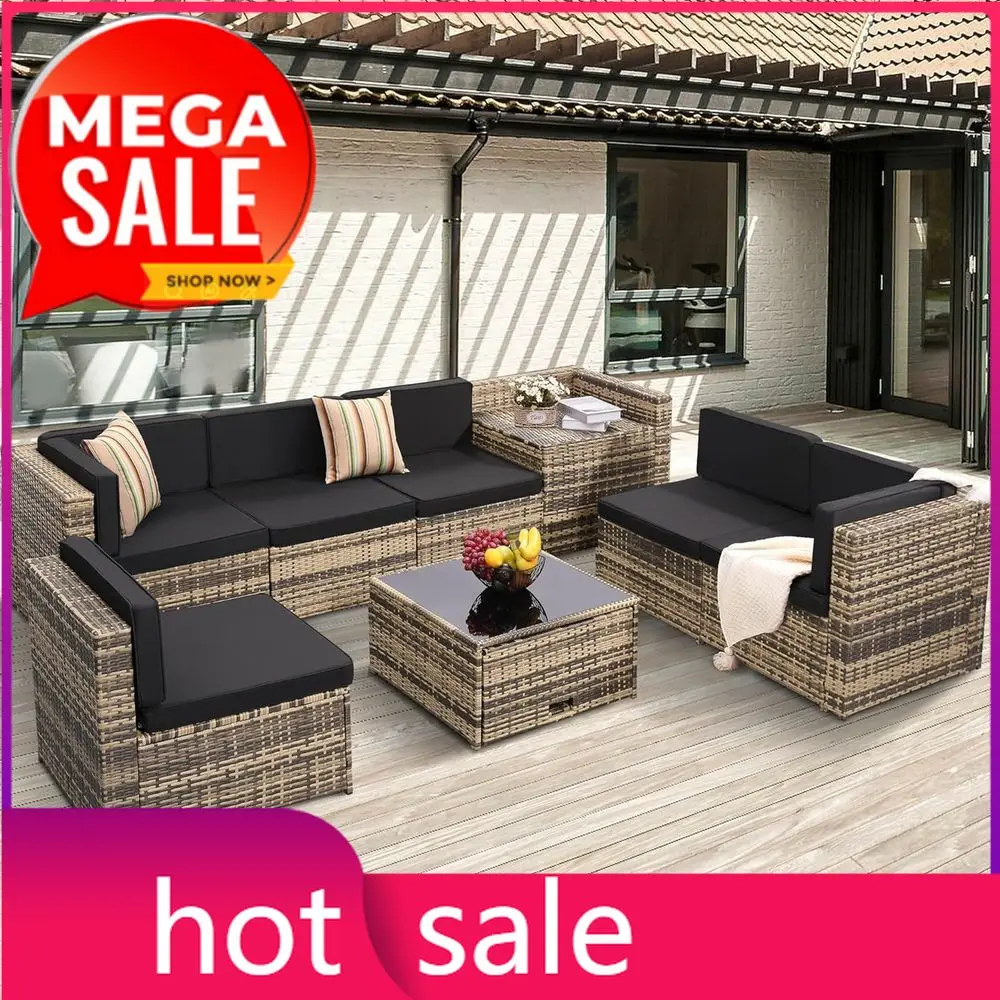 

Акция: Комплект уличной мебели из ротанга из 8 предметов с стеклянным столом, местом для хранения, 7 секциями для сидения, плюшевыми подушками и натуральным плетением.