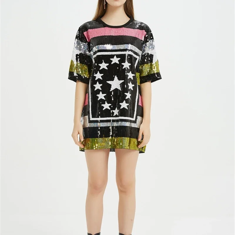 

Summer Short Sleeve Loose Design Women's Wear Sequins Round Neck Streetwear Night Club Geometry Patchwork Color T-Shirt