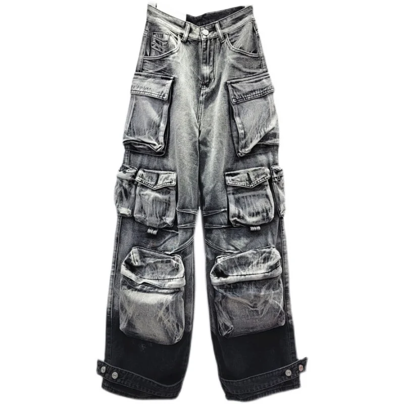 

Wasteland Style Stage Dancing Hip Hop Streetwear Straight Trousers Loose Pants Light Gray Big Pocket Overalls Jeans for Women