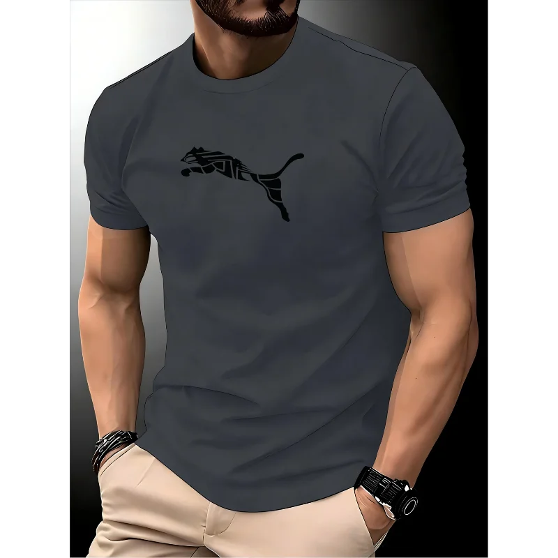 Men's round neck T-shirt with fox and leopard print, high-quality casual sports T-shirt for summer