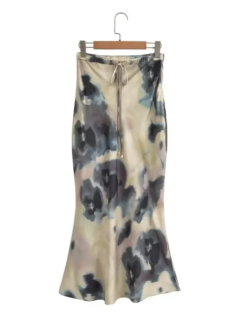 

Elastic High Waist Flared hem High Street Women's Fashion Tie Dye Print Satin Midi Skirt Vintage Female Chic Lady Casual Skirts