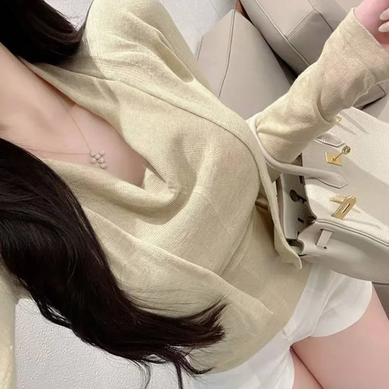 Korean Elegant Slim Sexy Pure Desire Style Swing Collar Sleeveless Top Cardigan Knitted Two-Piece Set Women Tshirt UAU8