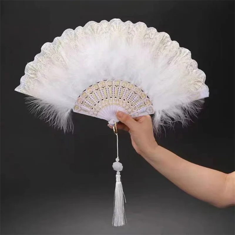 

Vintage Folding Feather Fan Soft Fluffy Fans Dance Hand Fans Cosplay Stage Prop Home Party Decorations