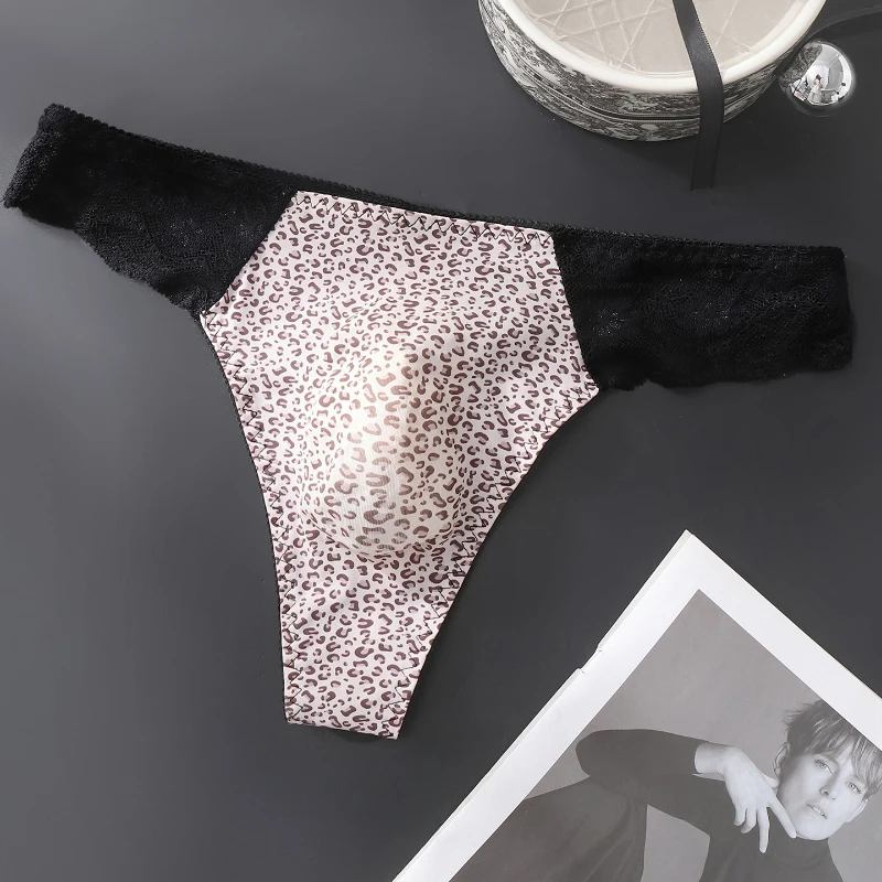 Men High Fork Panties Sissy Lingerie Lace Edge Stitching Ice Silk Leopard Printed Low Waist Thin Quick-Drying Breathable Thong