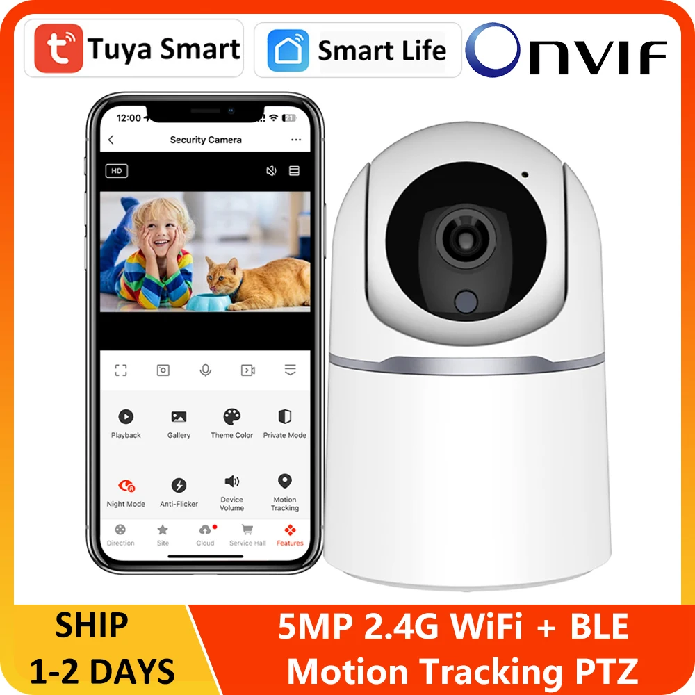 

5MP Tuya Smart WiFi BLE Auto Motion Tracking Human Detect Audio Video Indoor Baby Monitor Onvif PTZ IP CCTV Protection Camera