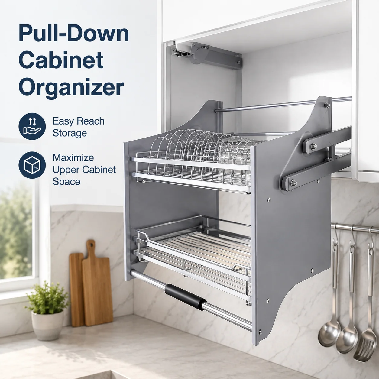 Heavy Duty Elevator Basket Rack Chrome Plated Metal Pull Down Lifting Basket for High Wall Cabinet Storage