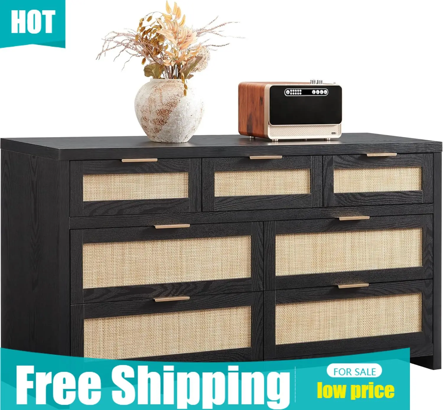 Black Oak Wide Boho Rattan Dresser 7 Drawer Dresser for Bedroom Large Storage Chest Organizer for Closet or TV Stand