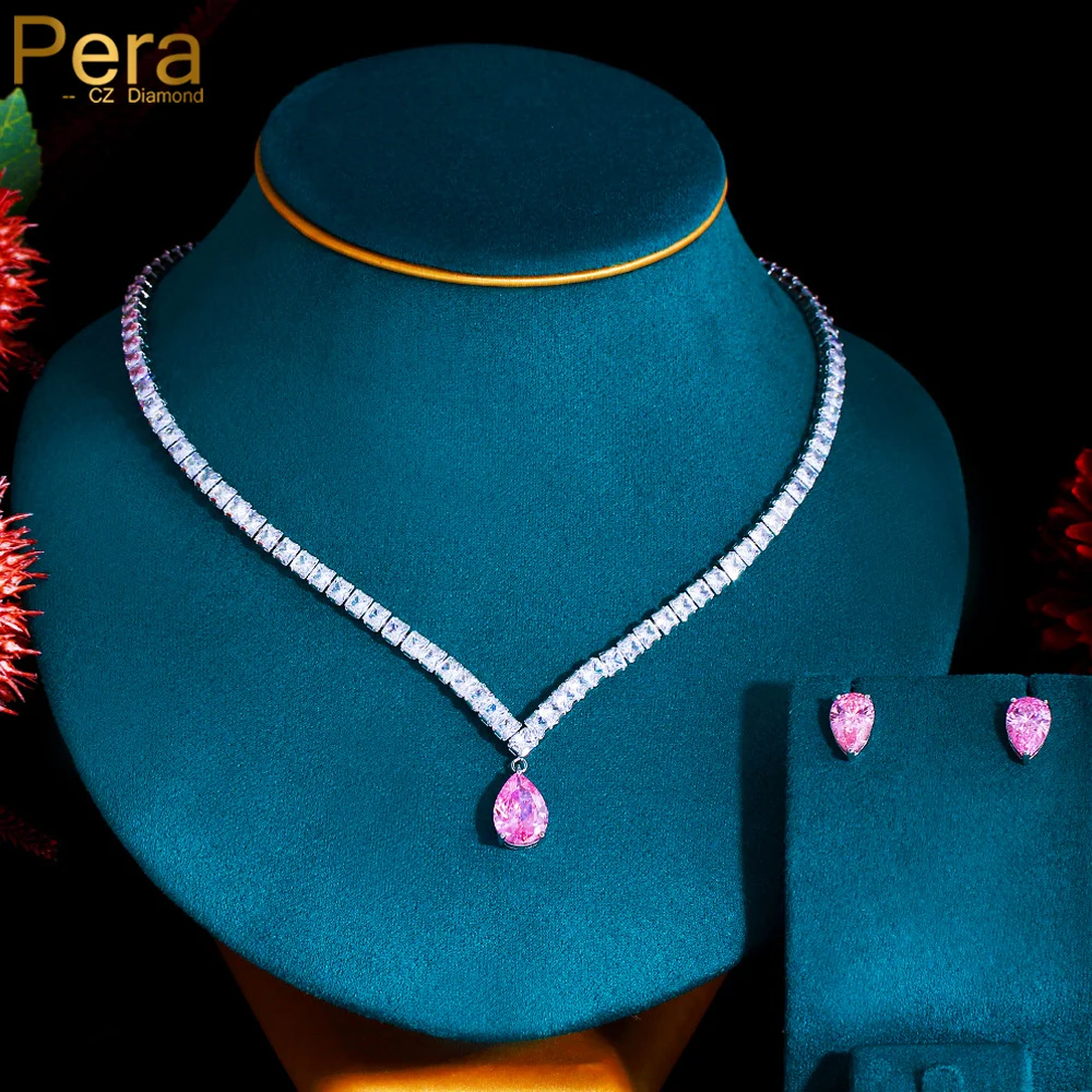 

Pera Sweet Pink CZ Crystal Water Drop Pendant Wedding Necklace Earrings Sets for Women Clothing Party Jewelry Accessories J496