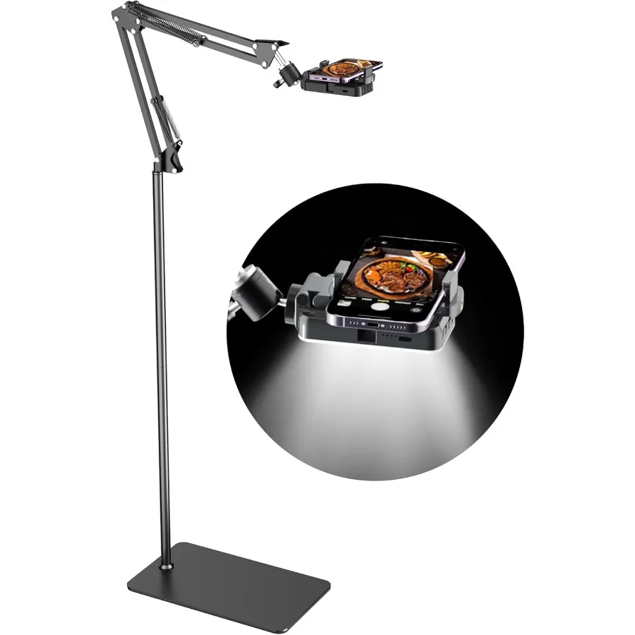 

Floor Overhead Phone Tripod with Rechargeable Light for Cooking Videos Move Around Phone Stand with Ring Light Content Creator