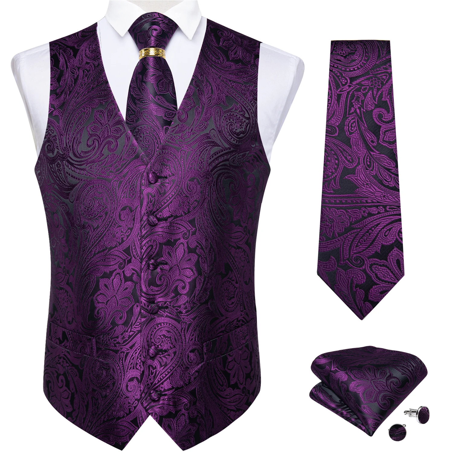 Purple Paisley Suit Vest For Men Wedding Tuxedo Silk Waistcoat Neck Tie Pocket Square Cufflinks Set Men's Clothing Blazer Vest