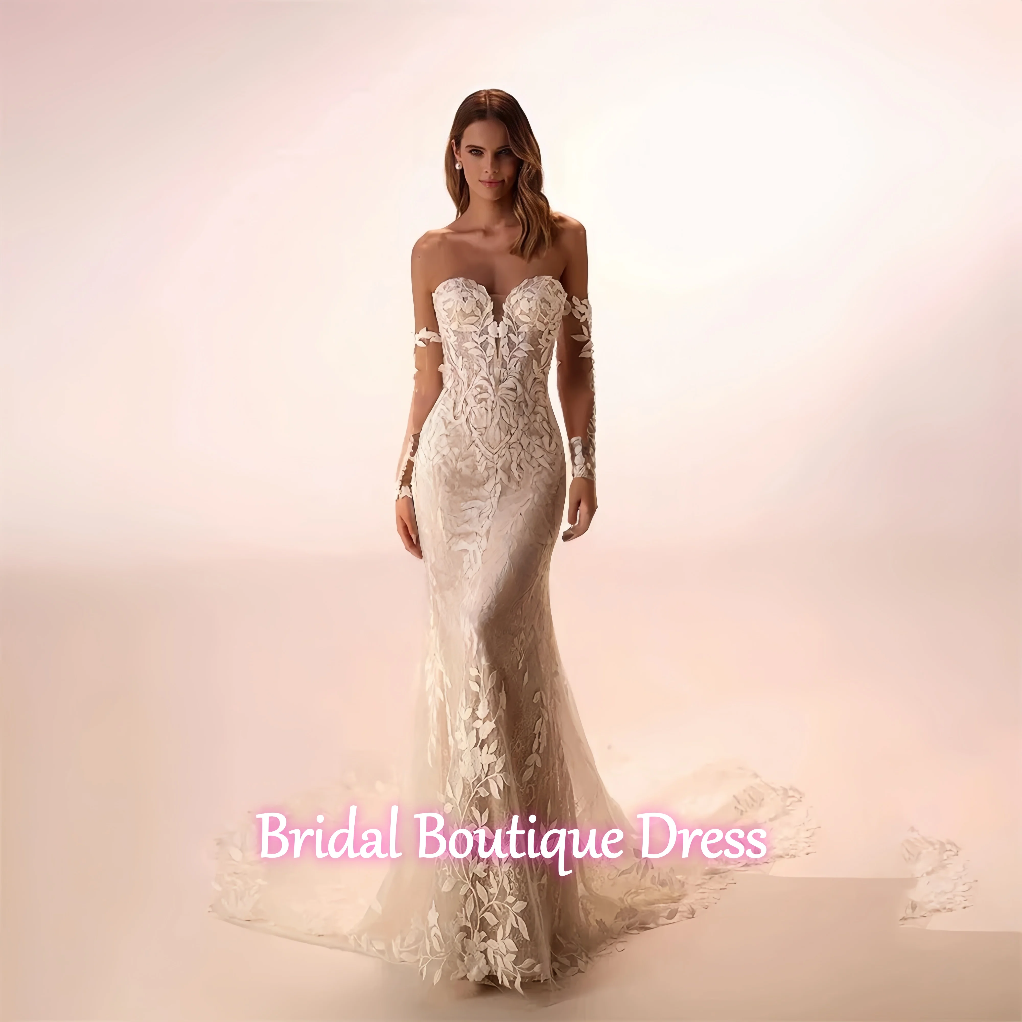 

Кружевное свадебное платье русалки по индивидуальному заказу со съемными длинными рукавами и милой аппликацией, блестящий тюль, свадебное платье со шлейфом