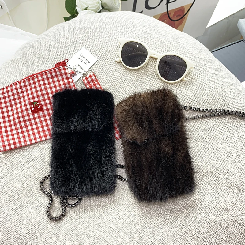 Mink Fur Bolsa de Telefone Móvel para Mulheres, Mini Bolsa Crossbody Feminina, Bolsas Penduradas no Pescoço, Designer de Moda de Luxo