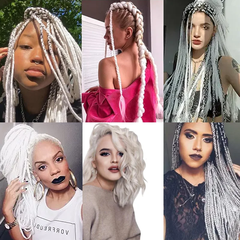 สังเคราะห์สโนว์ไวท์ถักเปีย2ชิ้นผมสีขาวจัมโบ้ถักเปียผม