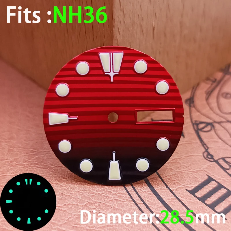 إكسسوارات قرص معقمة للساعة تقويم مضيء مخطط من الفولاذ المقاوم للصدأ 28.5 ملم لقطع غيار ساعة الحركة NH36