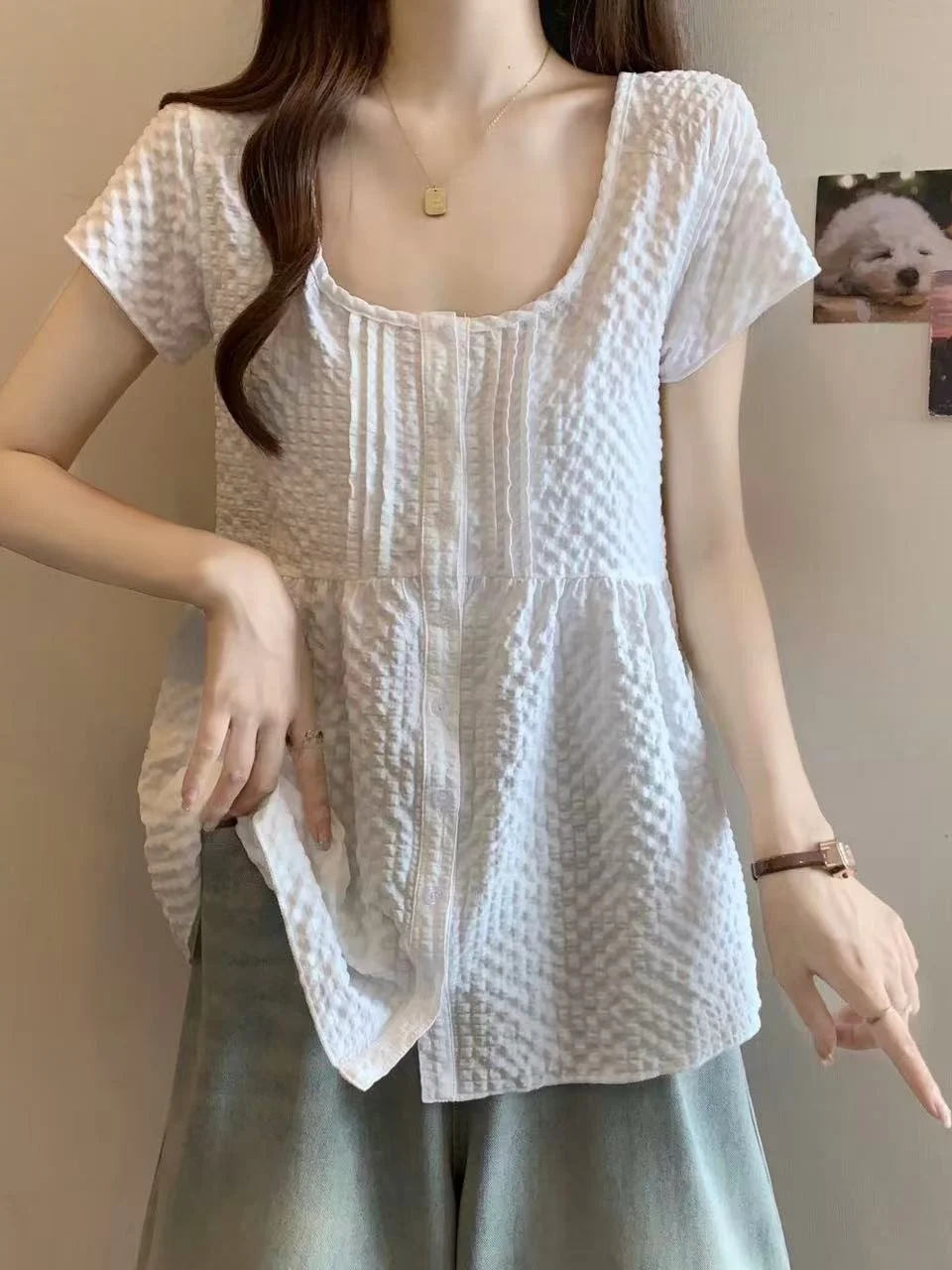 

Slimming plus Size Women's Shirt Summer 2026 Square Collar Short Sleeve Belly Cover Design Bone Exposure Breathable Casual Wear