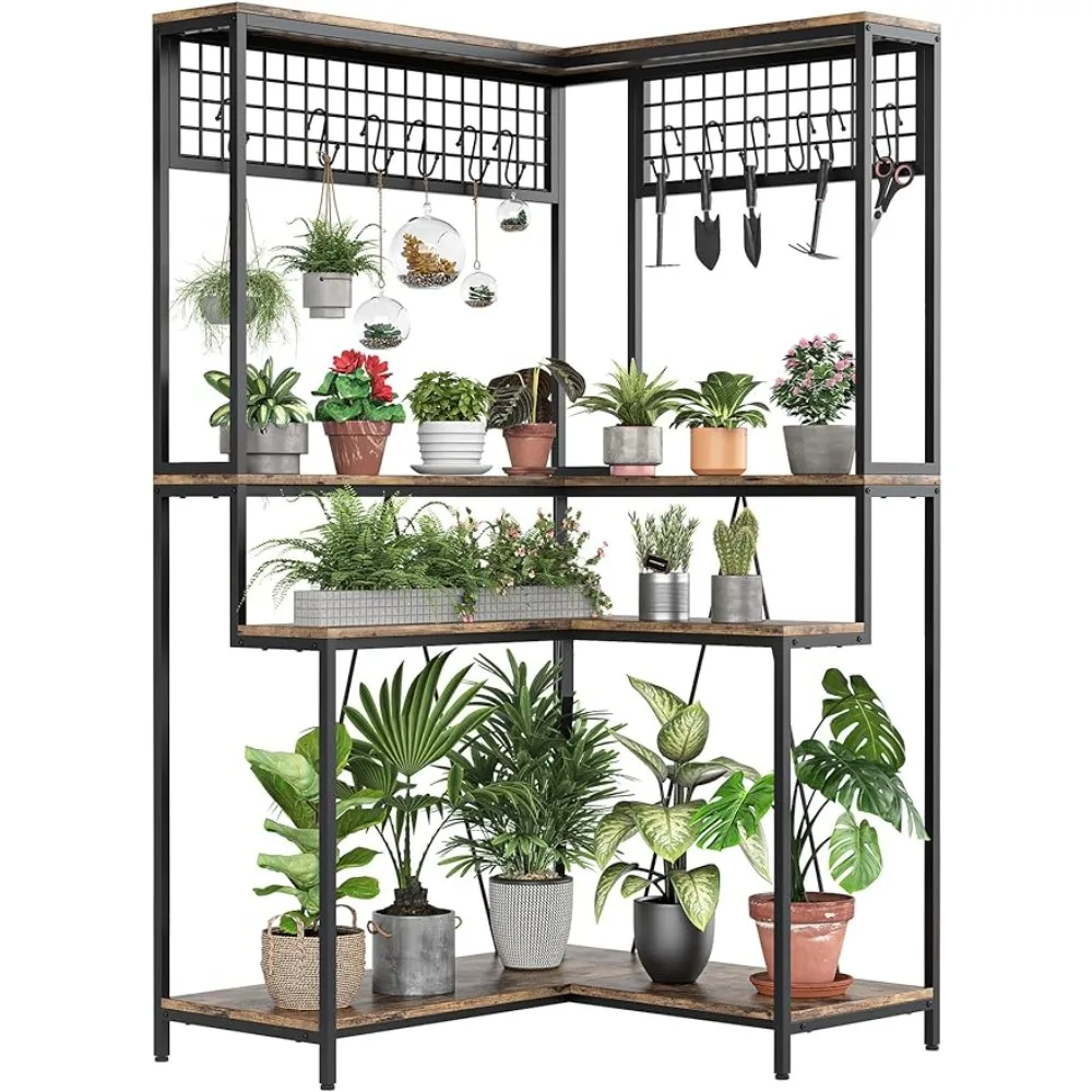 Large metal plant rack with hooks, multifunctional display rack, garden flower bonsai storage box, balcony, living room