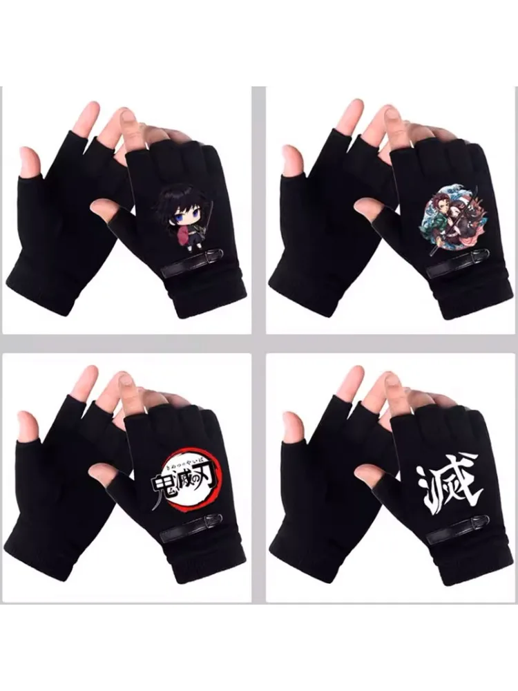 AliExpress Bandai Anime Demon Slayer Student Half Finger Gloves New Winter Men Woman Fingerless Warm Knitted Gloves Outdoor Bicycle Gloves