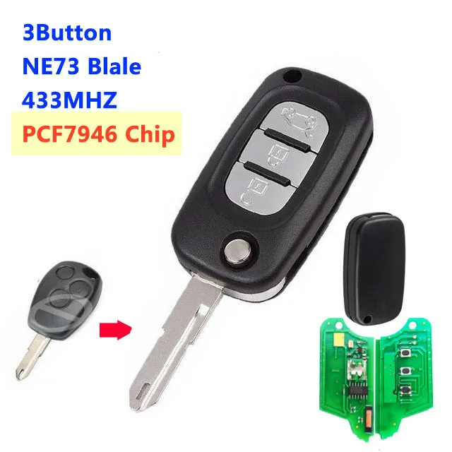 XNRKEY Replacement Modified Flip Remote Key For Renault Kangoo Clio III Modus Trafic Master Duster 433MHz PCF7946 Car Key