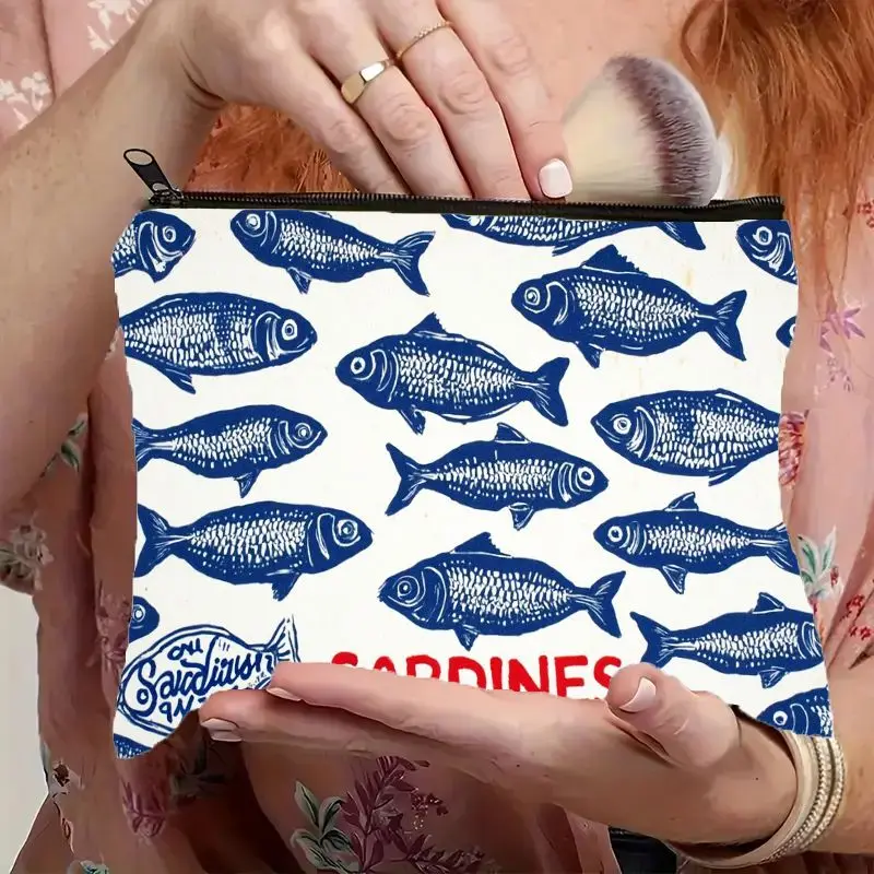 Cosmetic Pouch Featuring a Blue Sardine Fish Print, This Versatile Makeup Organizer Is Perfect for Women