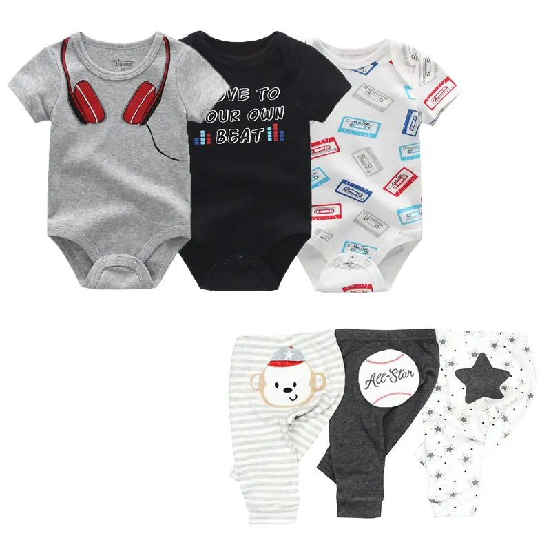 6 Pieces 0-1 Year Infant Daily Clothes, Multi Star Bear Stripe Print Breathable Cotton Unisex Baby Onesie & Pants Outfit