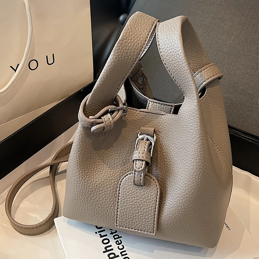 

Korean Style Basket Handbag for Women Versatile Top-handle Bucket Crossbody Bags Exquisite Lychee Pattern PuLeather Shoulder Bag