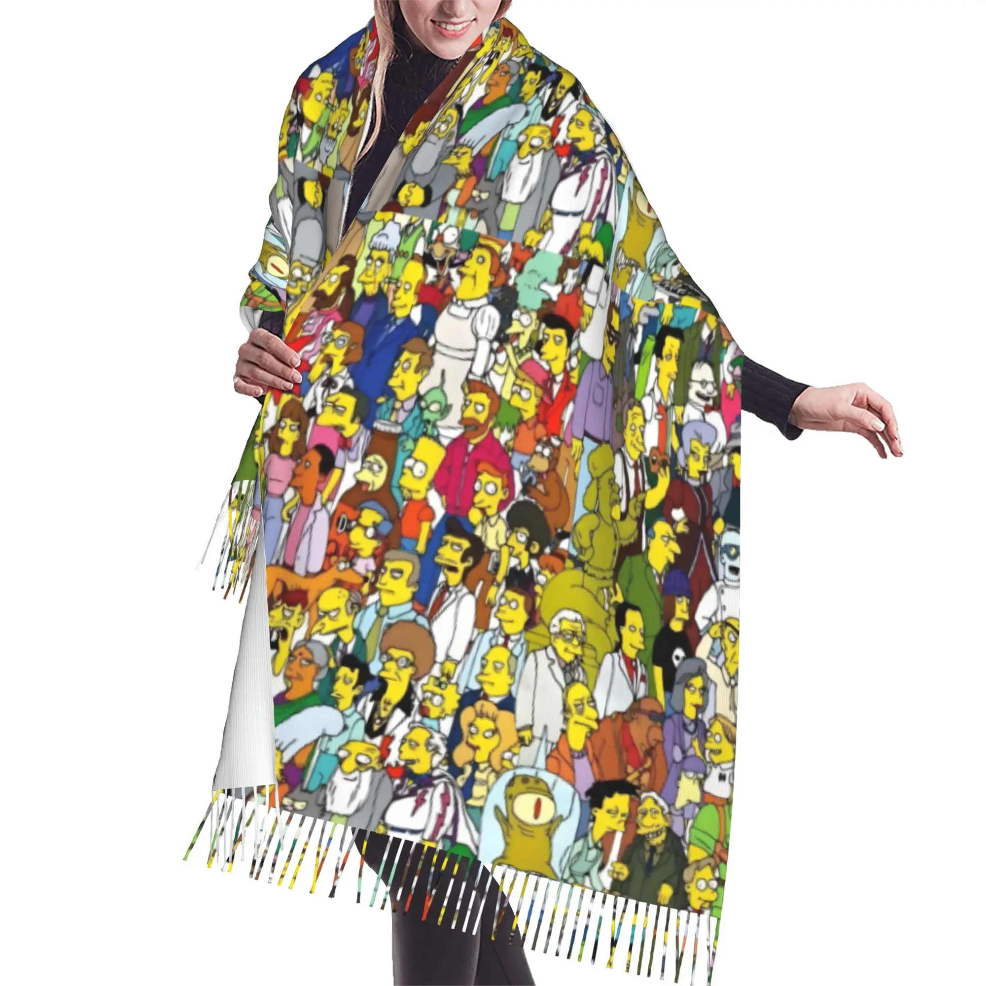 Custom S-Simpsonsed Anime Scarf Wrap for Women Long Winter Fall Warm Tassel Shawl Unisex Homer Cartoon Scarves
