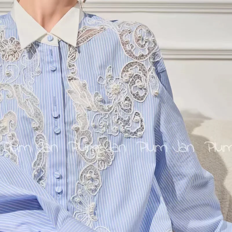 Luxury Pearls Beaded Stitch Lace Hollow Out Embroidery Blouses Shirts Women 2024 Trend Long Sleeve Shirts Tops Camisas De Mujer