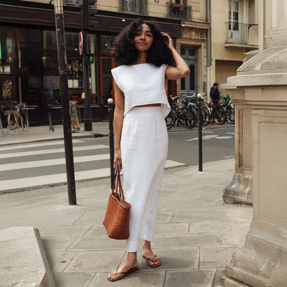 

2026 Women's Long Skirt Two Piece Summer White Vest Top Casual Loose Long Skirt Set Simple Vacation Female Long Skirt Set