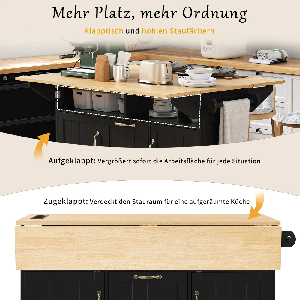 Kücheninsel mit Rollen, abnehmbarem Esstisch, mit Schubladen und Handtuchhalter, mobiler Küchenwagen mit Steckdosenstangen – Detail 8