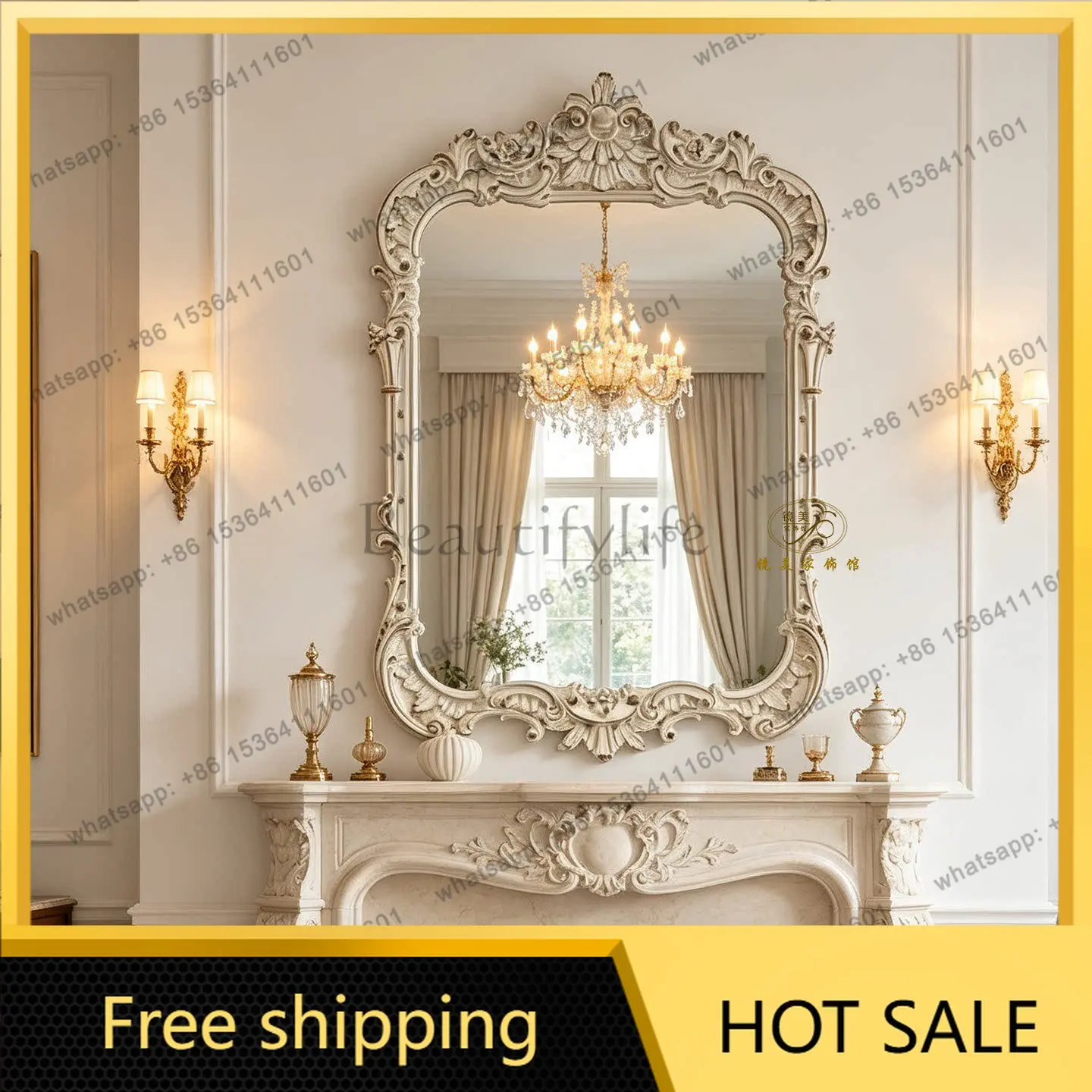 XX. French retro fireplace decorative mirror antique white carved border cosmetic mirror