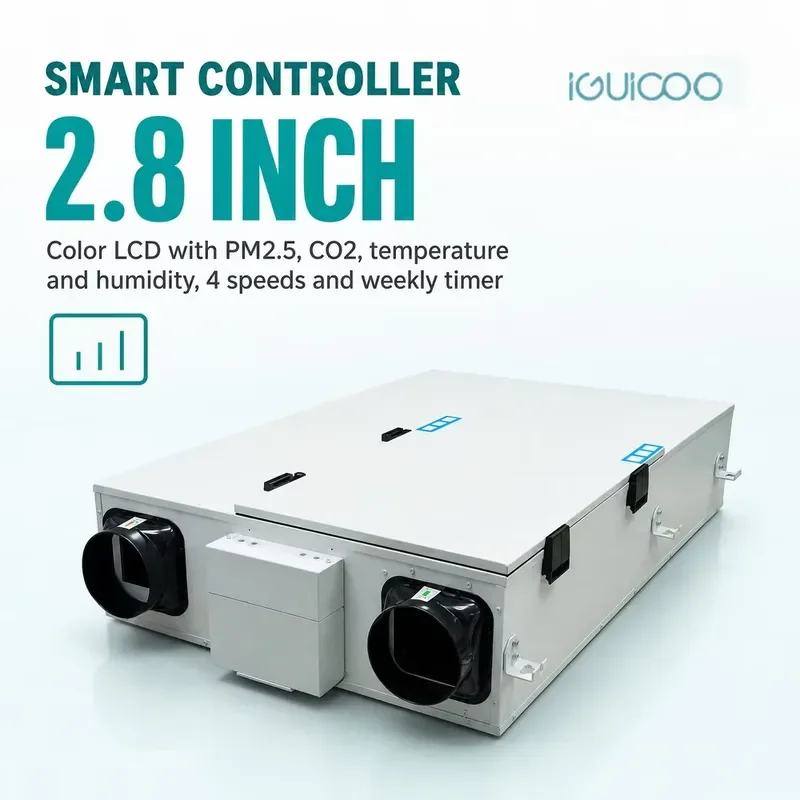 Energy Recovery Ventilator with Heating 2.8 Inch Color LCD TFT Controller Weekly Timer RS485 for Cold Climate