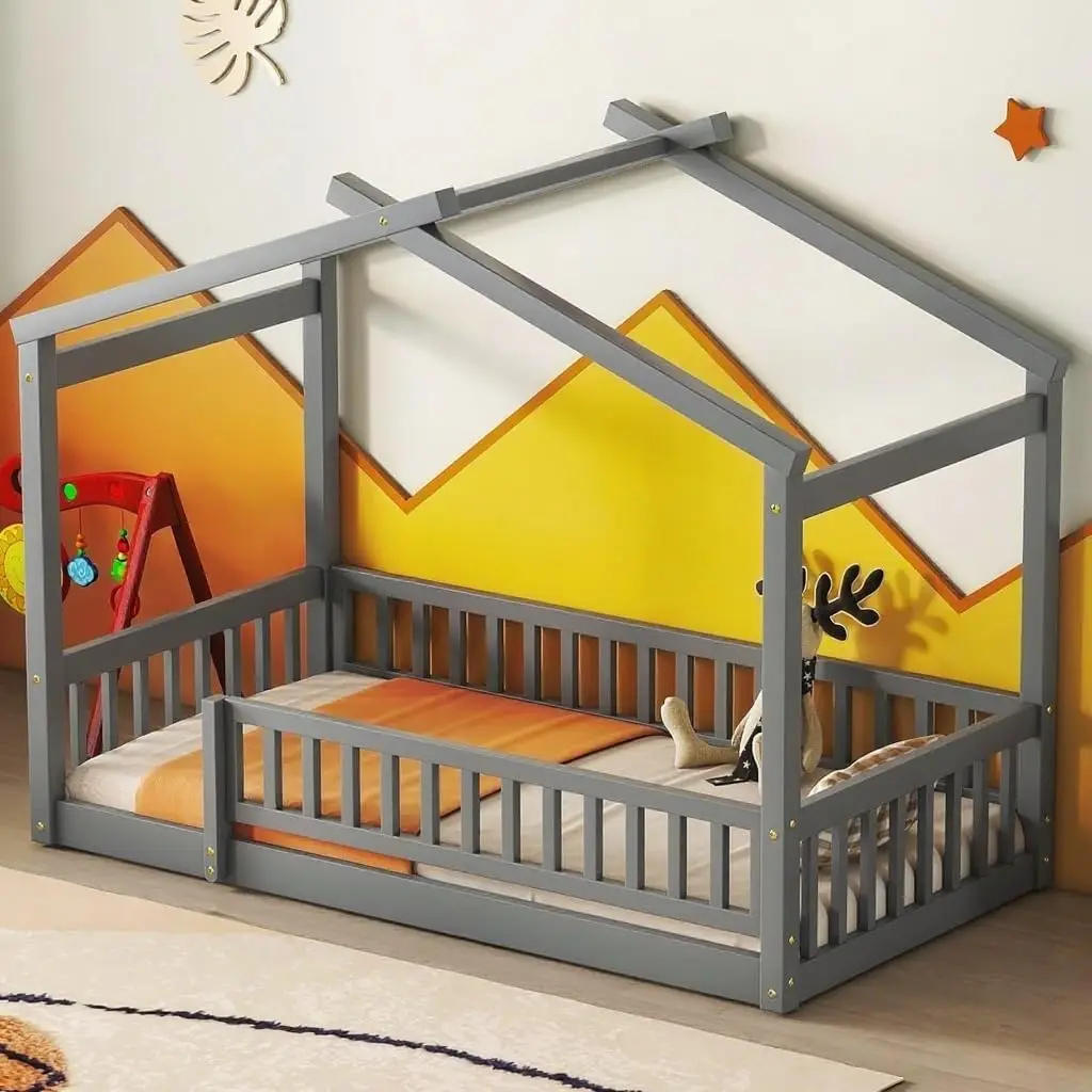 

House Bed Twin Size Floor Bed with Fence Railings, Wooden Montessori Style Bed Frame for Kids, Fun Playhouse Beds, Customized