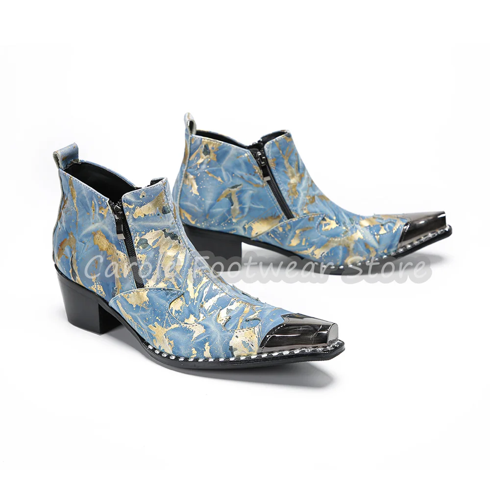 Luxury Gold Foil Print Male Genuine Leather Short Boots Metal Pointed Toe Side Zipper Western Cowboy Boots Wedding Daily Shoes