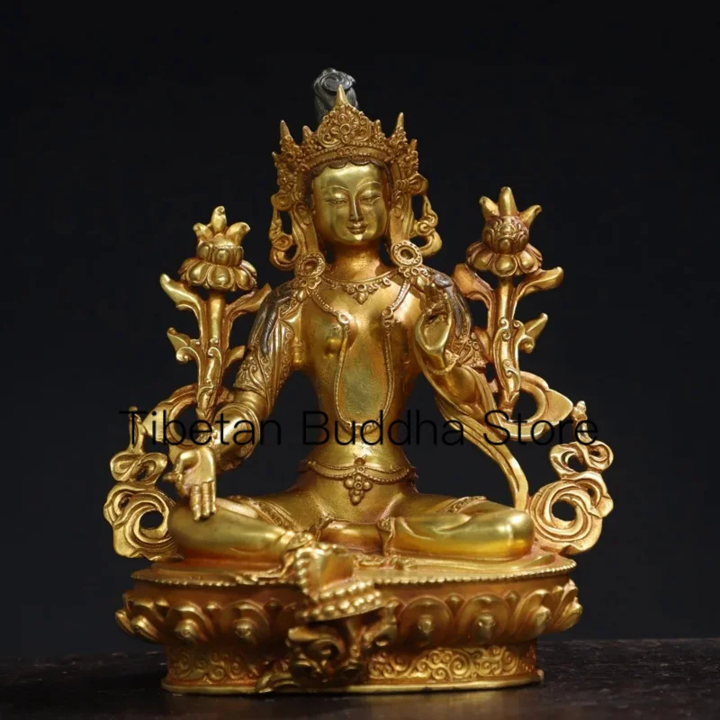 

21cm Tibetan Brass Buddha Gilded Green Tara Guanyin Tara Sitting Statue Home Buddhist Hall Supplies