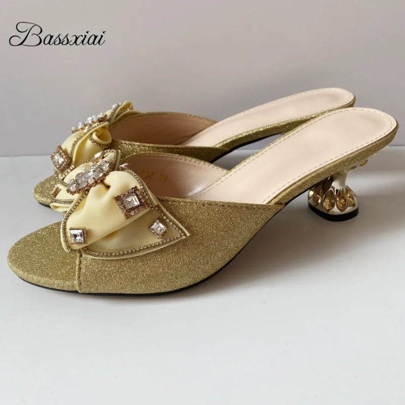 Bling Sequins Crystal Butterfly-Knot Slingbacks Women's Unique Rhinestone Heel Summer Mules Glittery Sandals for Girls
