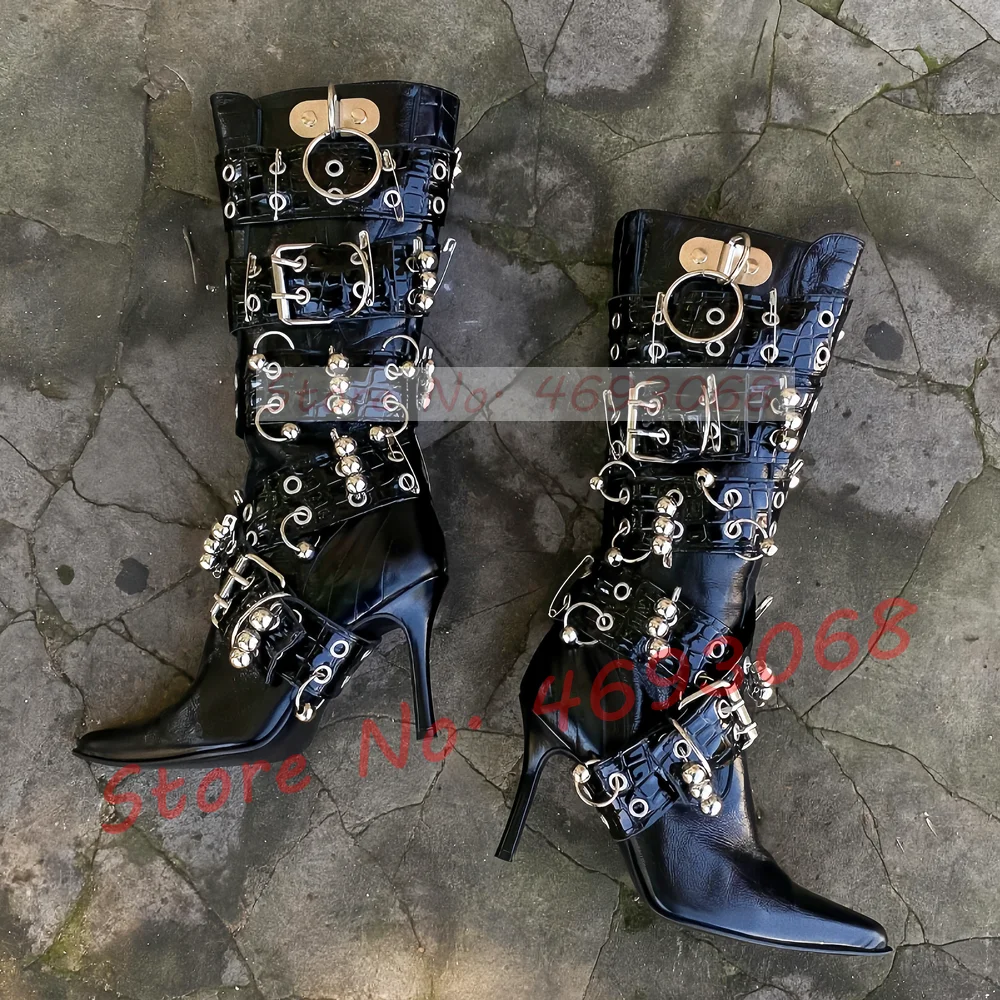 

Черные сапоги до колена с металлическим кольцом и заклепками, женские сексуальные сапоги до колена с пряжкой на ремне и перекрестным ремешком, женские уличные ботинки с острым носком в стиле панк
