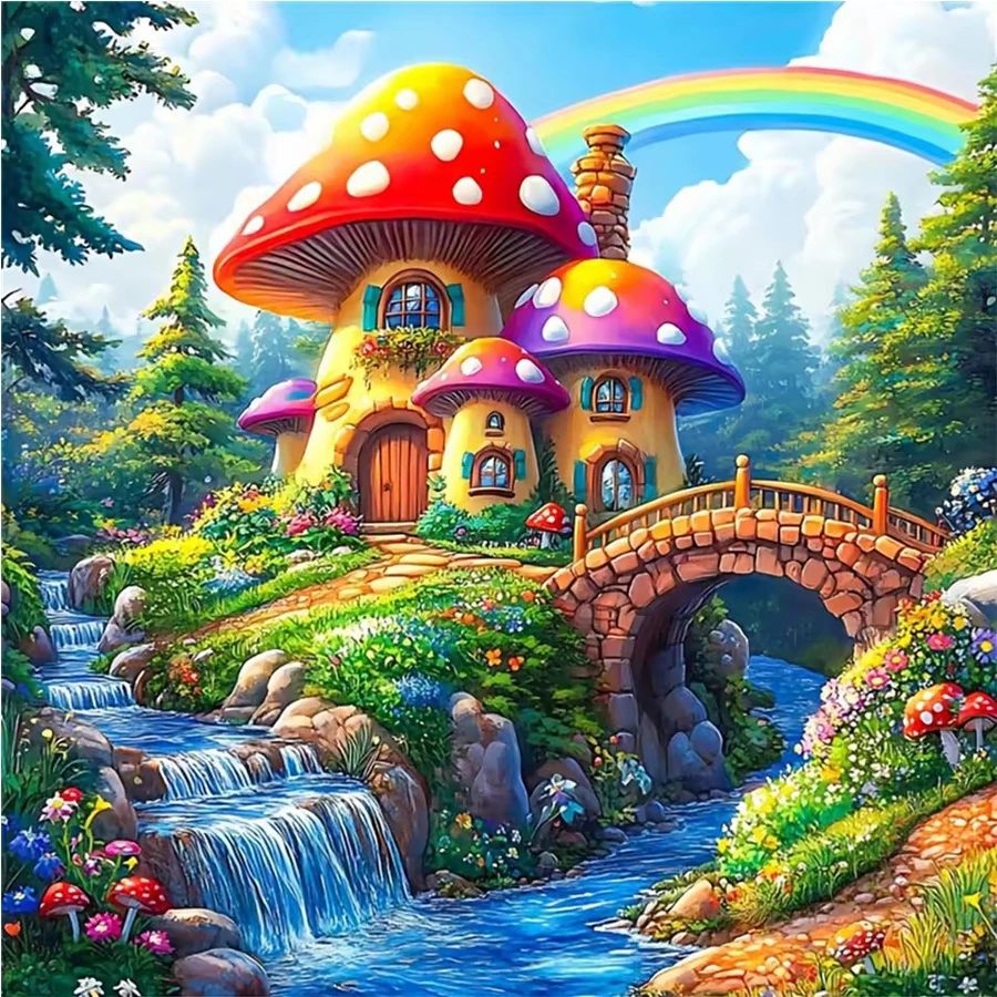 

Rainbow Mushroom House Diamond Painting Forest Landscape Cross Stitch Kits Art DIY Mosaic Embroidery Tree Handmade Hobby decor