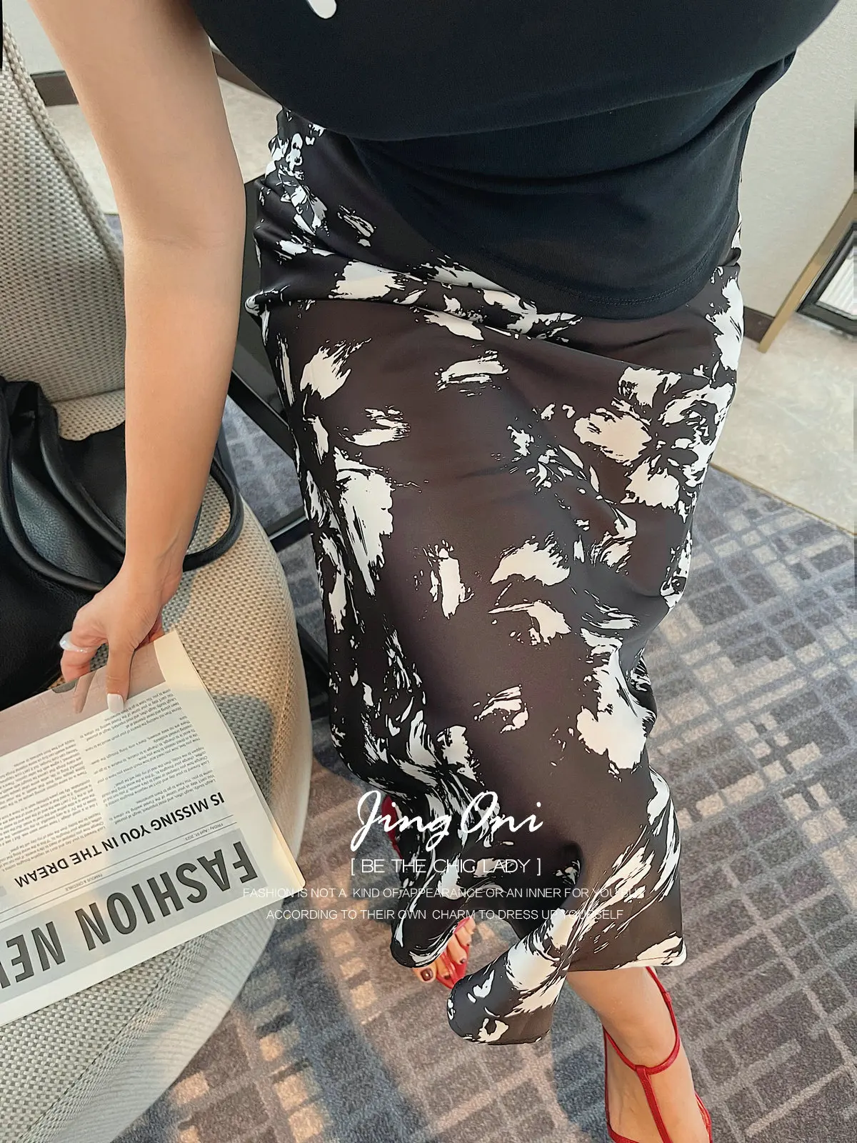 

Black Floral Satin Skirt Long Woman Clothing 2025 Y2k Fashion Korean Style Summer Vintage New Lolita Tulle Elegant Ruffle Gothic