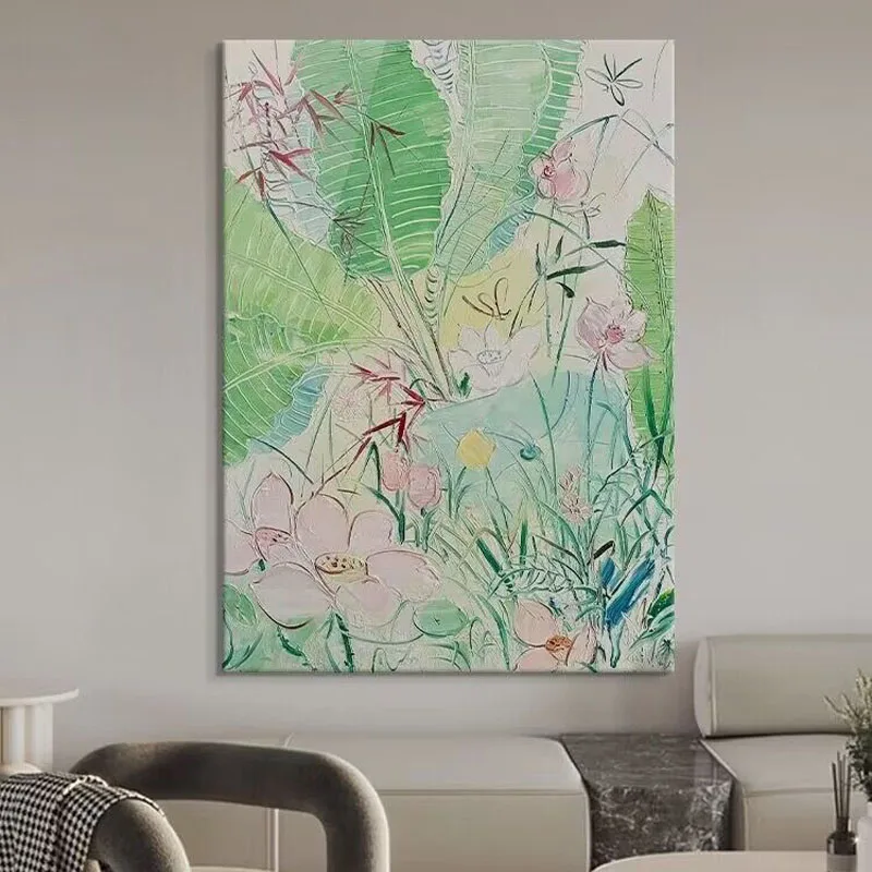 

Cream Style Abstract Plantain Leaf Lotus Handmade Oil Painting Art Poster Living Room Decoration Painting Dining Room Living Roo